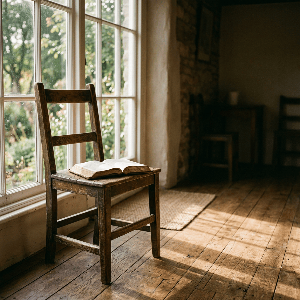 Open book resting on a wooden chair beside sunlit windows